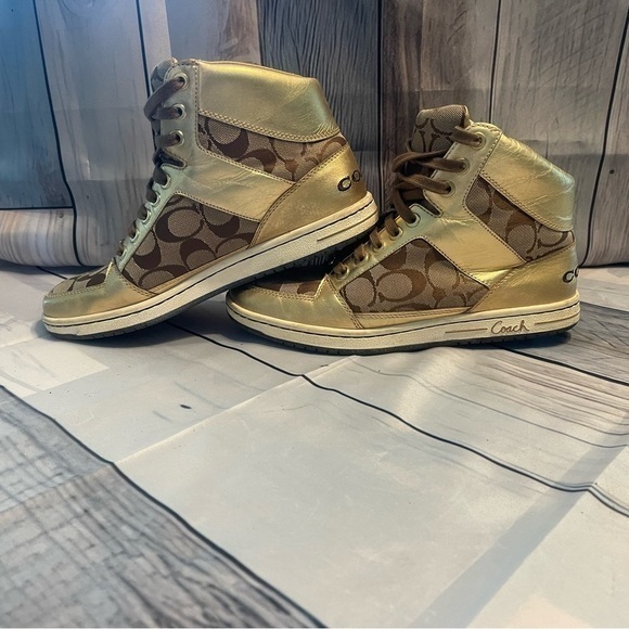 Coach Norra Gold Leather High Tops Sneakers Signature Print A1431 Size 9 - Picture 3 of 10